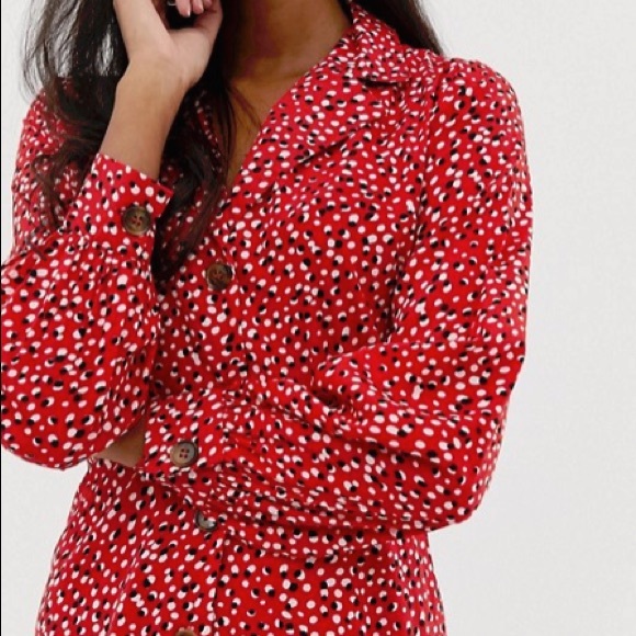 NEW ASOS Red Button Down Collared Long Sleeve Print Dress Medium - Picture 2 of 8